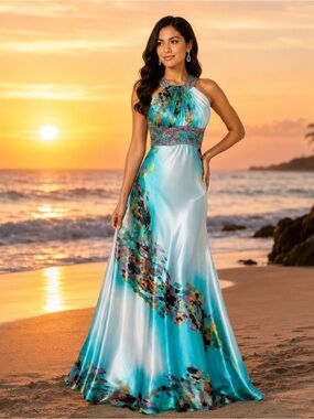 Laura Petites Aqua Multicolour Beaded Halter Maxi Prom Gown Size 2P